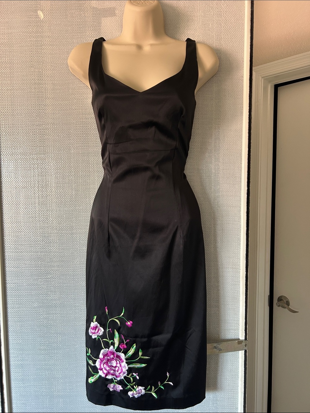 Oasis Black Midi Dress with Pink Floral Embroidery